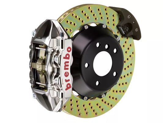 Brembo GT Series 4-Piston Rear Big Brake Kit with 15-Inch 2-Piece Cross Drilled Rotors; Nickel Plated Calipers